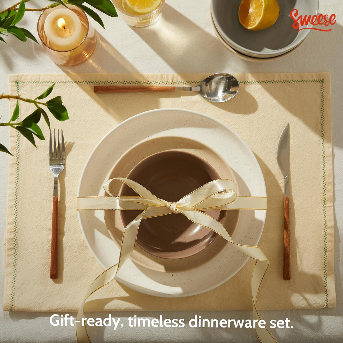 Sweese Dinnerware Sets Service for 4, 12 pcs Matte Speckled Glaze Plates and Bowls Sets, Handmade Ceramic Dish Set, Highly Chip and Crack Resistant Modern Plate Set, Multi-color