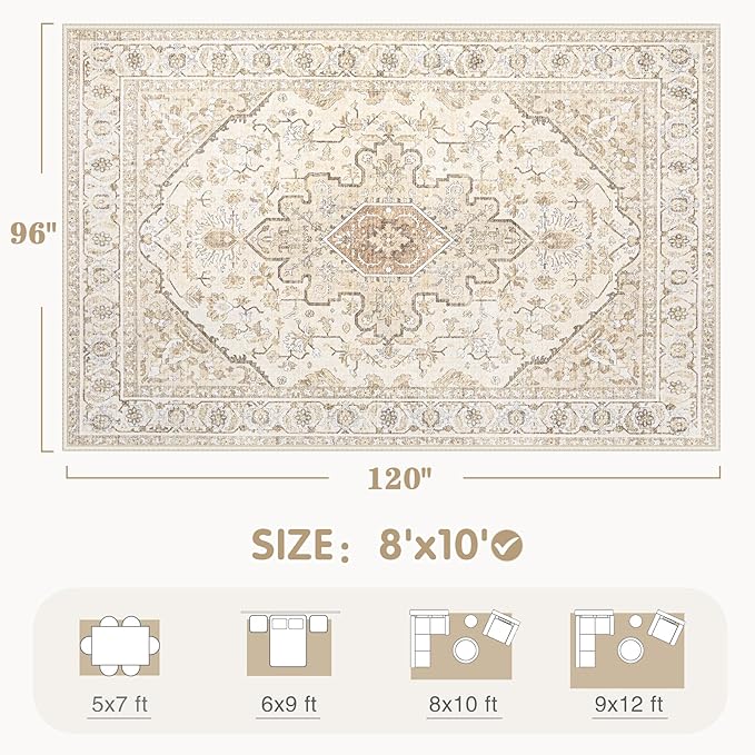 Area Rugs 8x10 Vintage Rug: Large Washable Living Room Rug Retro Medallion - Image 2