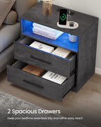 VASAGLE 23.6 Nightstands, LED Lights, Charging Station, 2 Drawers
