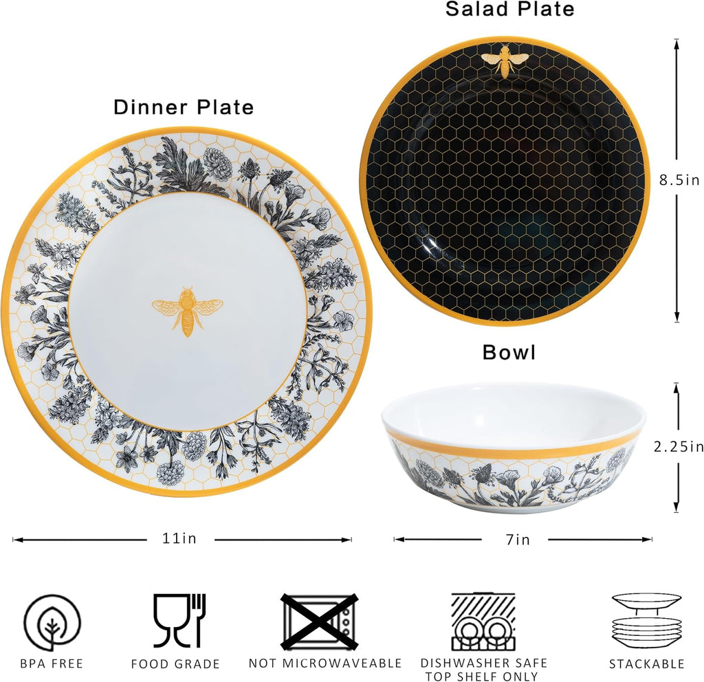 Floral Bee Melamine Dinnerware Set-18Piece Unbreakable Plates and Bowls Set
