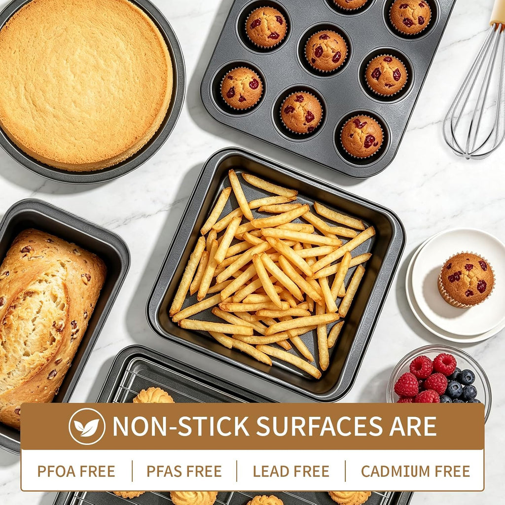 9 PCS Bakeware Sets, Baking Pans for Oven with Wider Grips, Baking Pan Set with Roasting Pan, Baking Pan, Cake Pan, Square Cake Pan, Loaf Pan, 12-Cup Muffin Pan, Cooling Rack and Oven Mitts