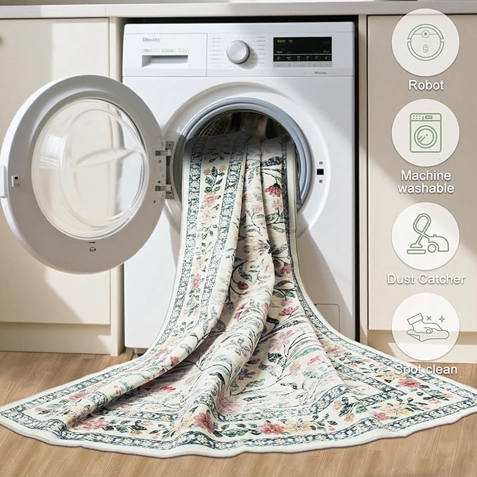 Area Rug Living Room Rugs: Floral 5x7 Washable Rug Vintage Soft Boho Non-Slip - Image 6