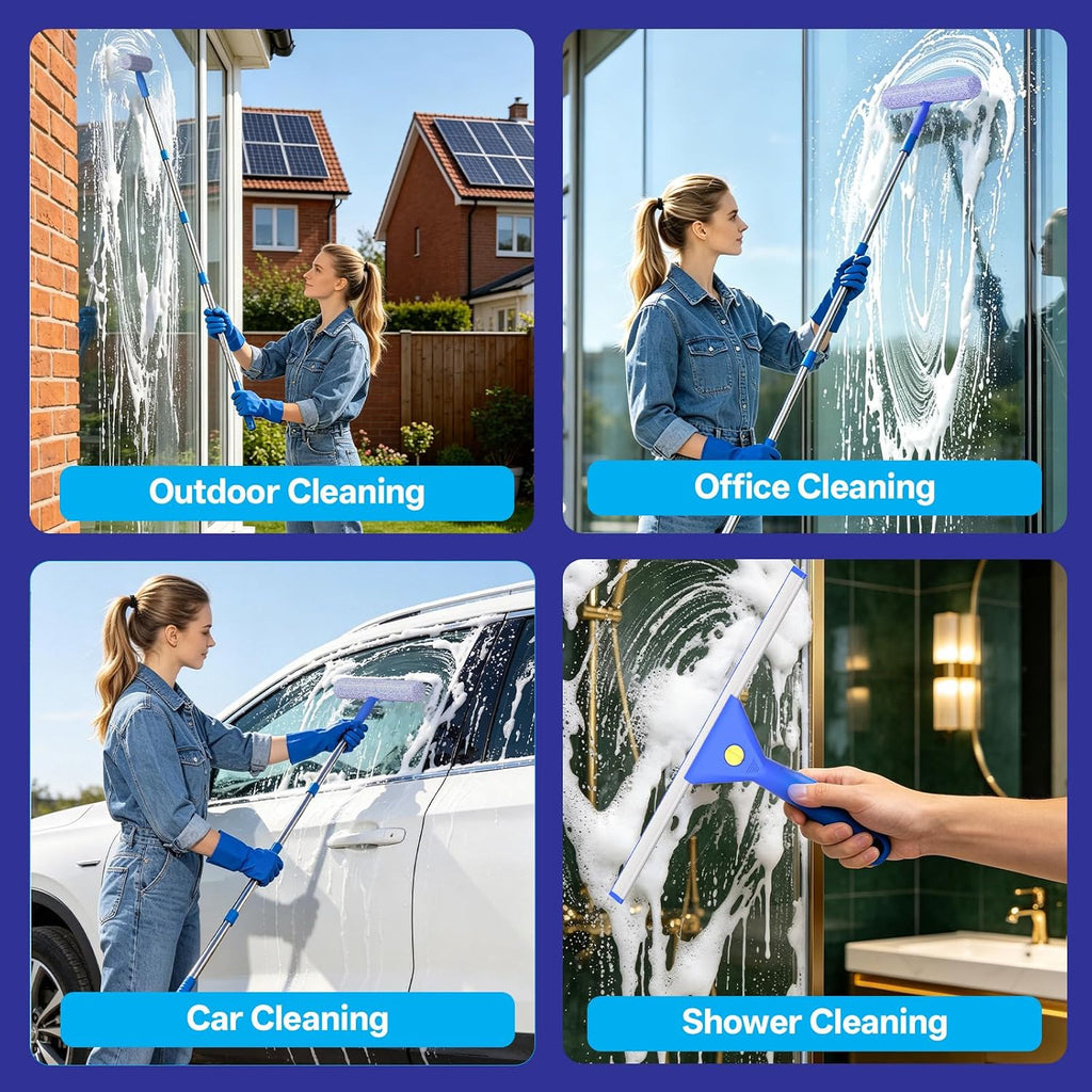 Professional Window Glass Cleaning Kit with 14" Window Squeegee & 15" Scrubber, 3 Gallon Collapsible Bucket, 76 Inch Spliced Pole Complete Glass Washing Tools for Indoor Outdoor Home Car Cleaning