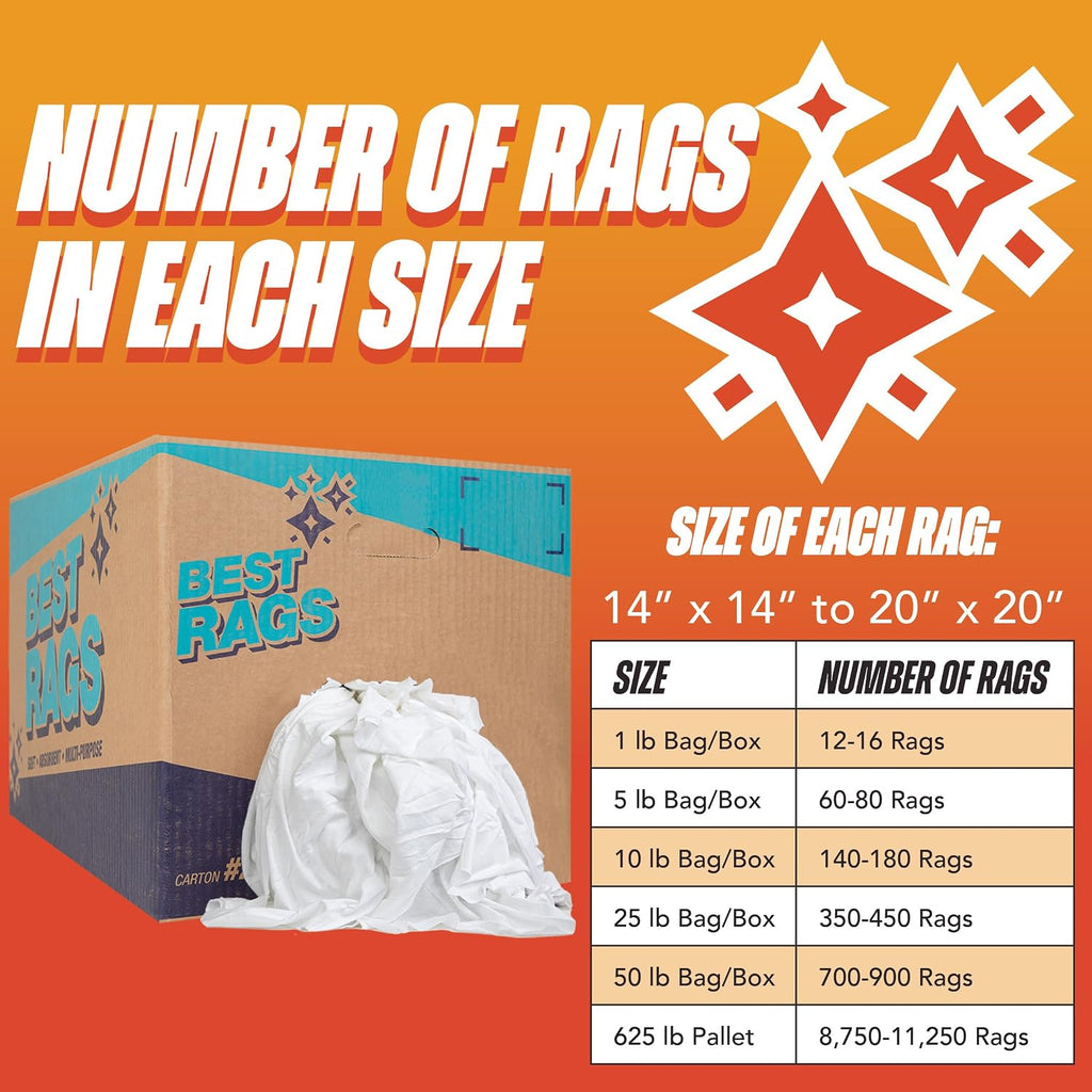 Arkwright Premium T-Shirt Rags Bulk, 10 lb Bag, Cotton Cleaning Towels, Low Lint Knit Wiping Cloths for Paint, Stain, Grease, Shop and Auto Use, Quick Dry Machine Washable, White