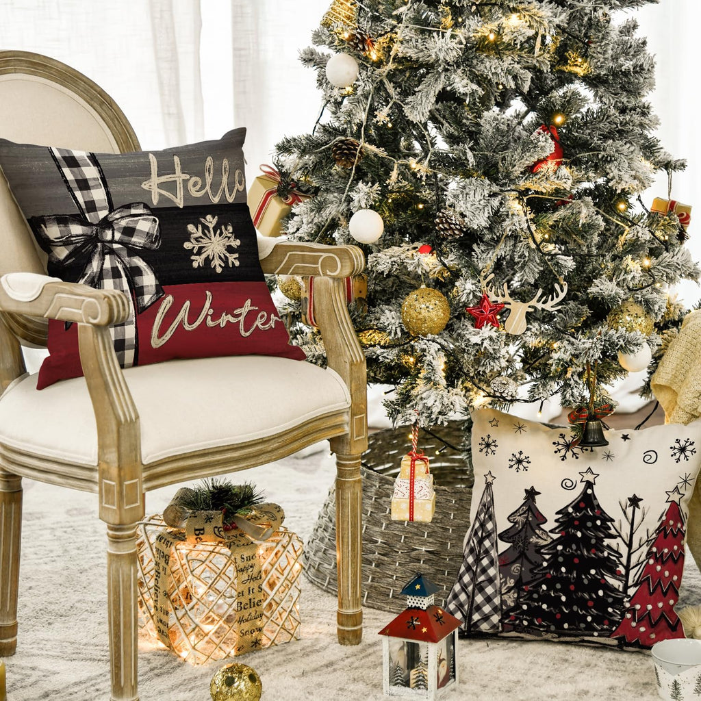 Merry Christmas Joy Xmas Trees Red Throw Pillow Covers, 20x20 Inch Christmas Winter Holiday Cushion Case Decoration for Sofa Couch Set of 4