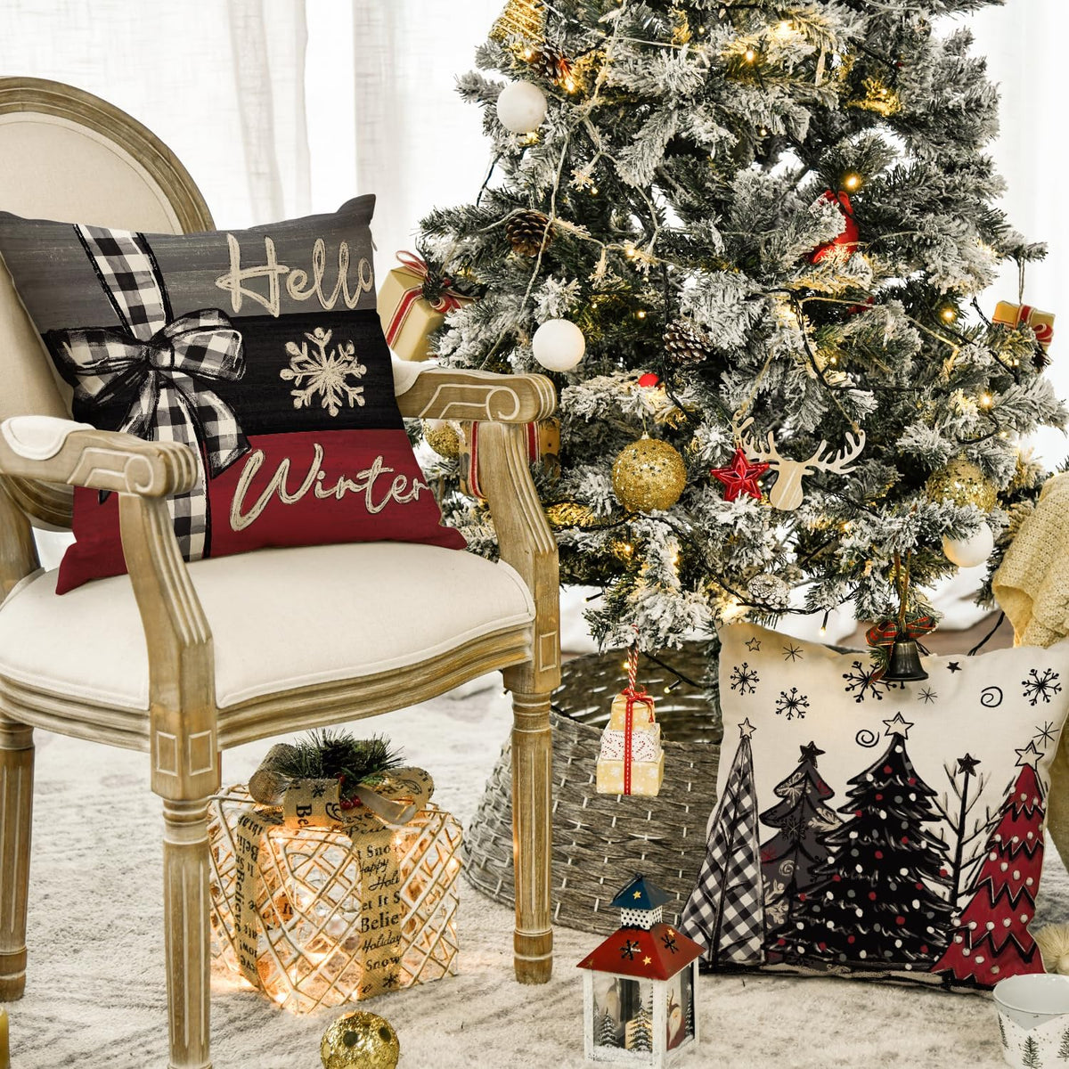 Merry Christmas Joy Xmas Trees Red Throw Pillow Covers, 20x20 Inch Christmas Winter Holiday Cushion Case Decoration for Sofa Couch Set of 4