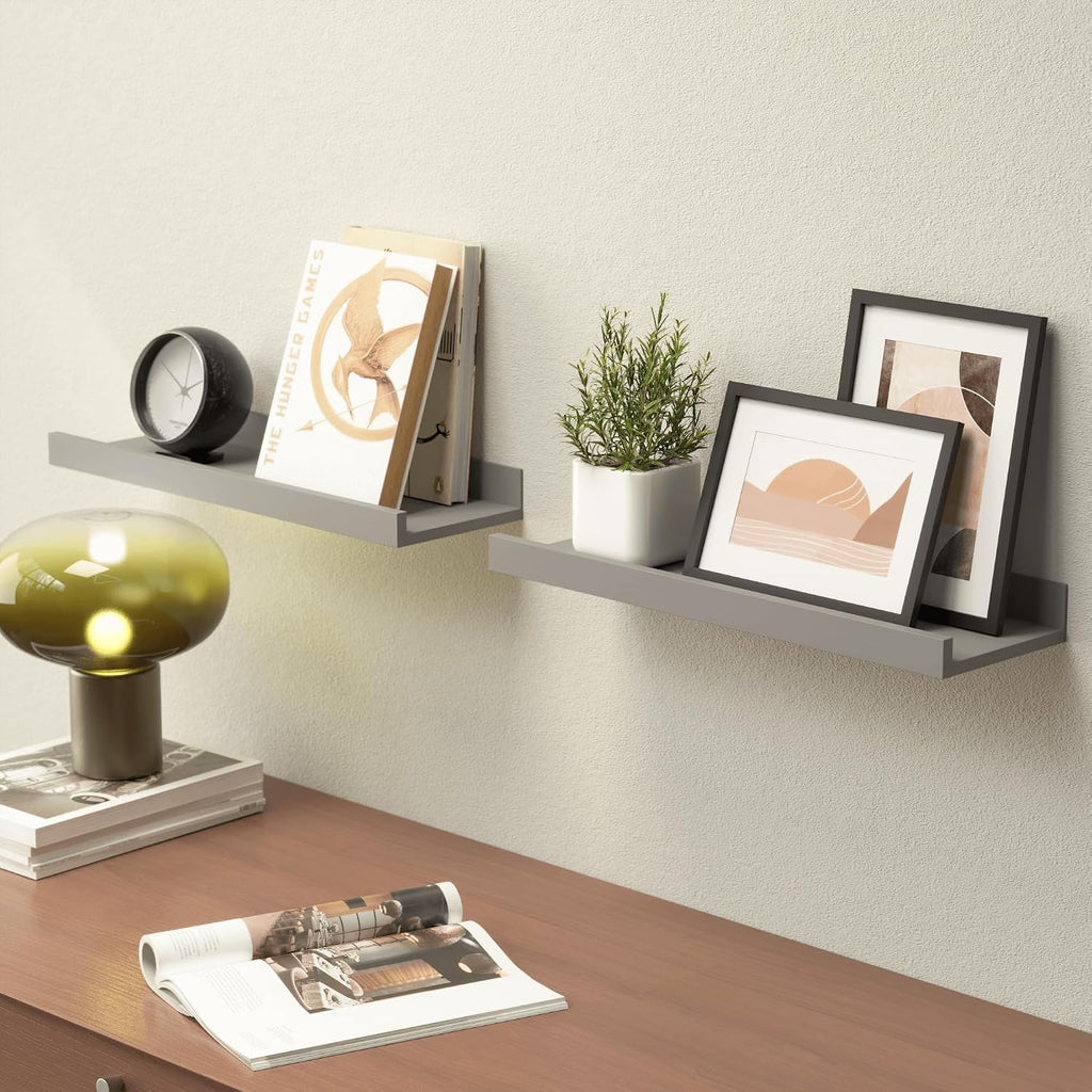 Boswillon Floating Shelves Set of 2, Small Wall Shelf with Lip, 16in, Grey