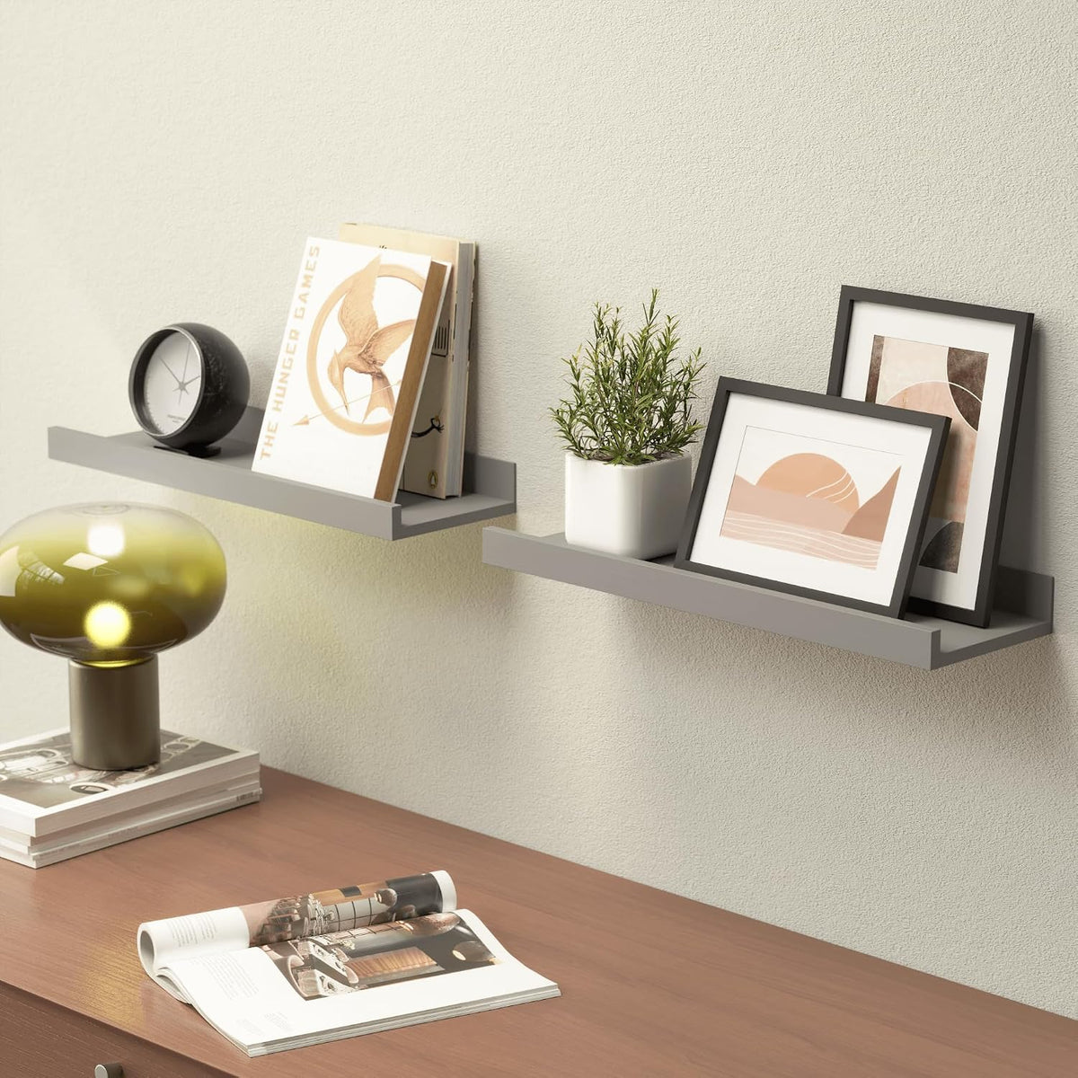 Boswillon Floating Shelves Set of 2, Small Wall Shelf with Lip, 16in, Grey
