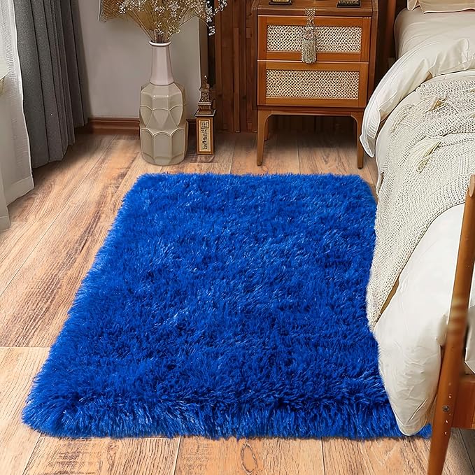 Soft Runner Rugs for Bedroom Hallways, 2x3 Royal Blue Fluffy Shag Throw Area by Ailyei