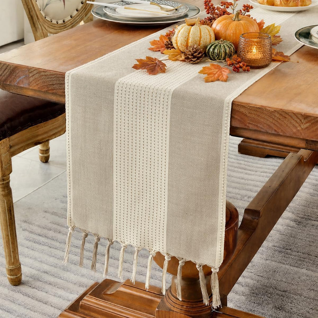 Wracra Linen Table Runner, Stripe Table Runners 72 Inches Long Light Coffee
