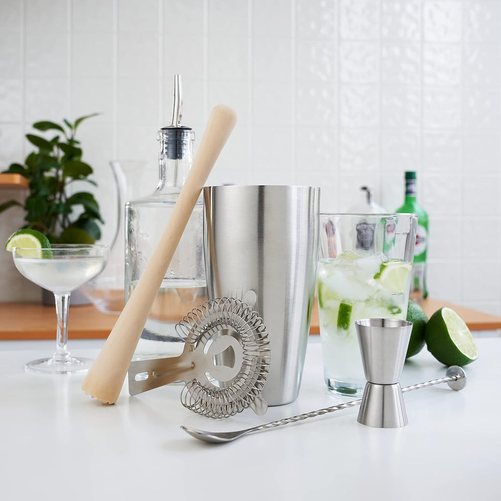 True 7-Piece Barware Set for Mixed Drinks and Cold Brew Cocktails, Includes Boston Cocktail Shaker Tin, Mixing Glass, Jigger, Muddler, Strainer, Bar Spoon, Pour Spout for Home Bar, Bartender Gifts
