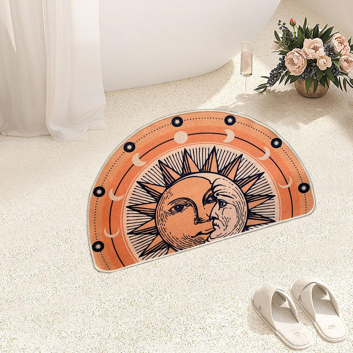 Semi Round Boho Sun and Moon Bathmat Fun Bath Mat Non Slip Washable Bathroom Decor Half Circle Bohemian Home Floor Doormat Semicircle Indoor Rug (Gold, No Fluff)