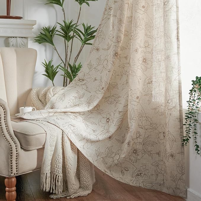 jinchan Linen Floral Curtains for Living Room 84 Inch Length Taupe Flower - Image 8