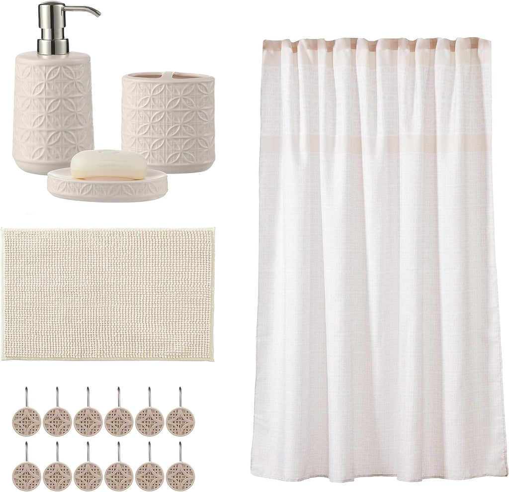 Bathroom Accessories Set, Bath Accessory Complete Set with Lotion Dispenser/Soap Pump, Soap Dish and Toothbrush Holder, Bath Mat, Shower Curtain with 12 Hooks (Embossed Pattern, Tan)