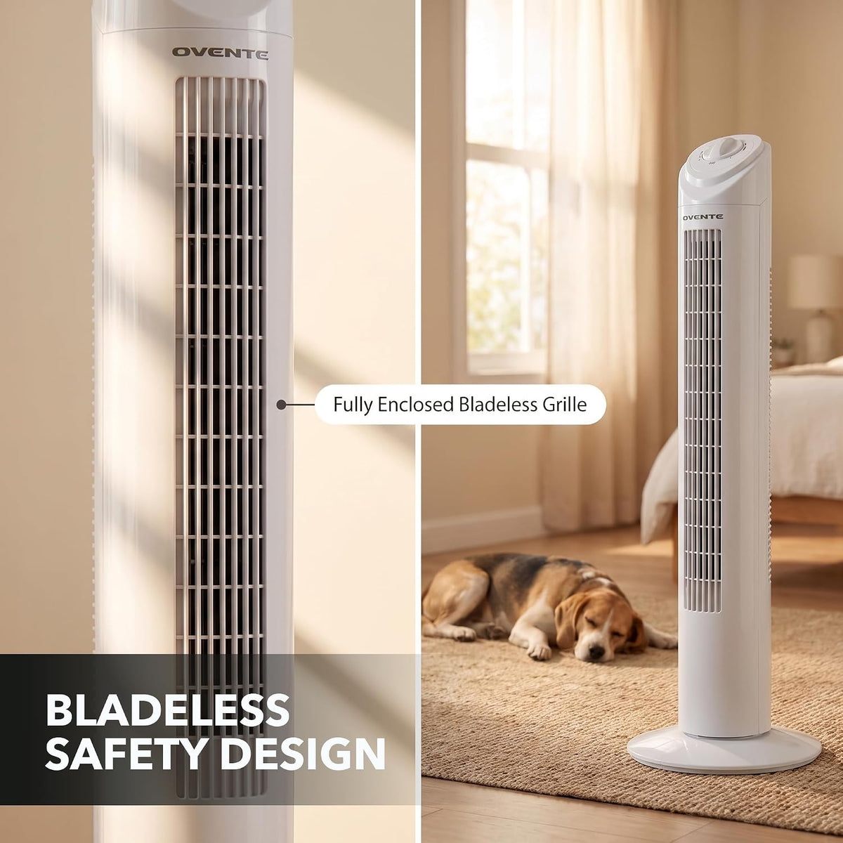 OVENTE 32" Bladeless Tower Fan,90° Oscillation, 3 Speeds, White TFO3SW