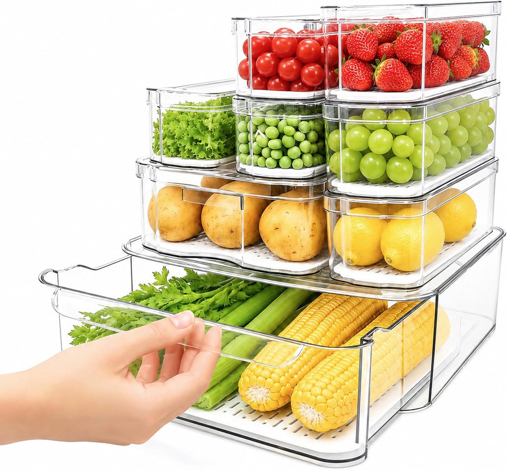 SMRCAD 6 Pack Clear Fridge Organizer Bins with Drain Trays - Stackable