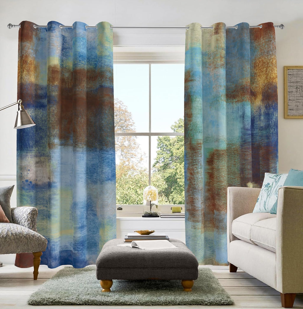 Blue Rust Abstract Curtains for Living Room Bedroom, 52W x 84L, 2 Panels