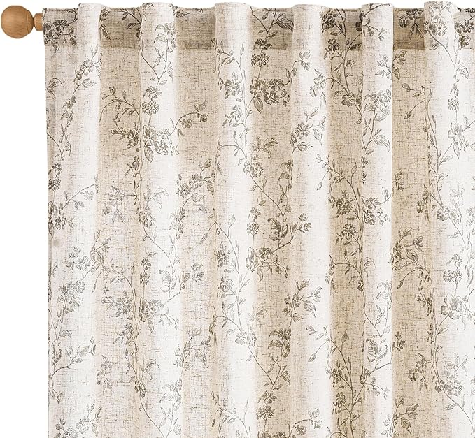 Lazzzy Linen Farmhouse Curtains Grey Floral Curtains 63 Inch Long Back Tab by Lazzzy
