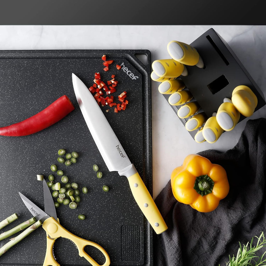 hecef 14 PCS Kitchen Knife Set with Pine Wood Block (Yellow)