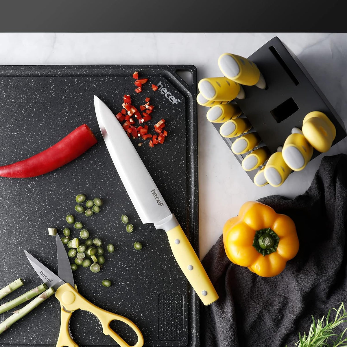 hecef 14 PCS Kitchen Knife Set with Pine Wood Block (Yellow)
