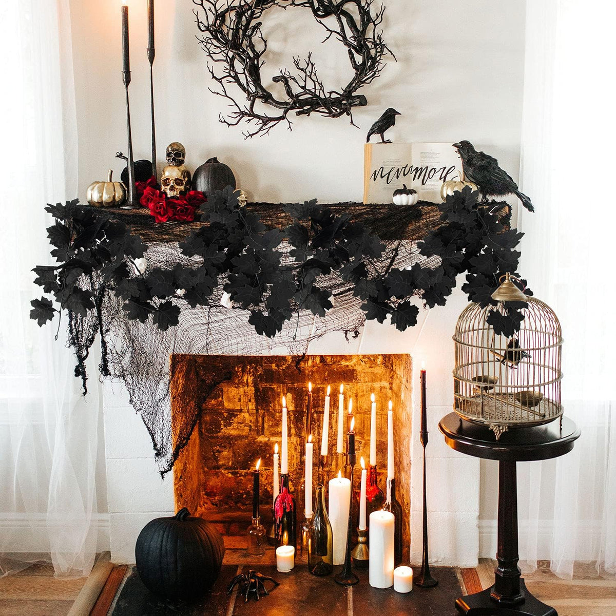 4PCS Halloween Black Leaf Garland, 23.6FT