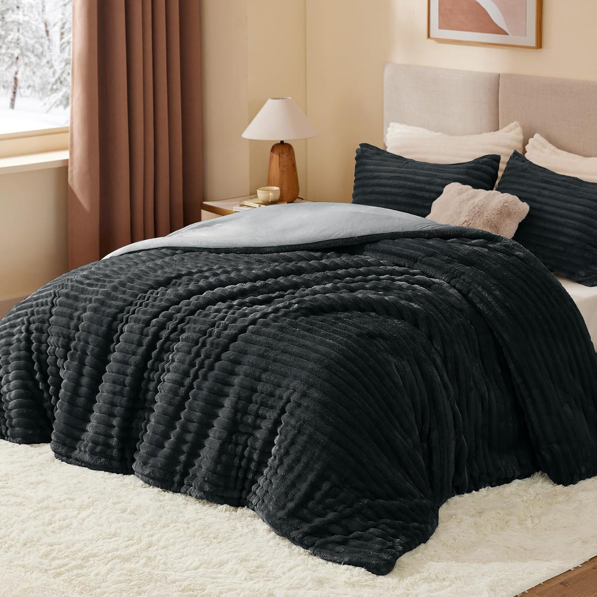BEDELITE Fleece Queen Comforter Set, Fluffy Bed Set, Black