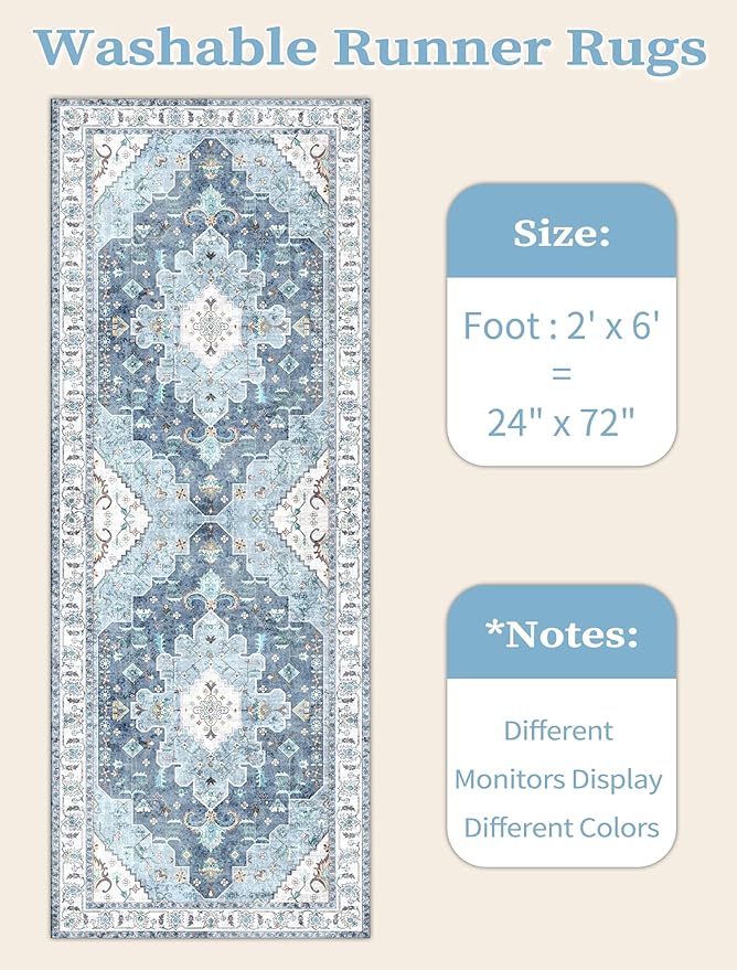 SERISSA Boho Washable Runner Rug, 2x6 Rug Non-Slip Vintage Blue Hallway Kitchen - Image 6
