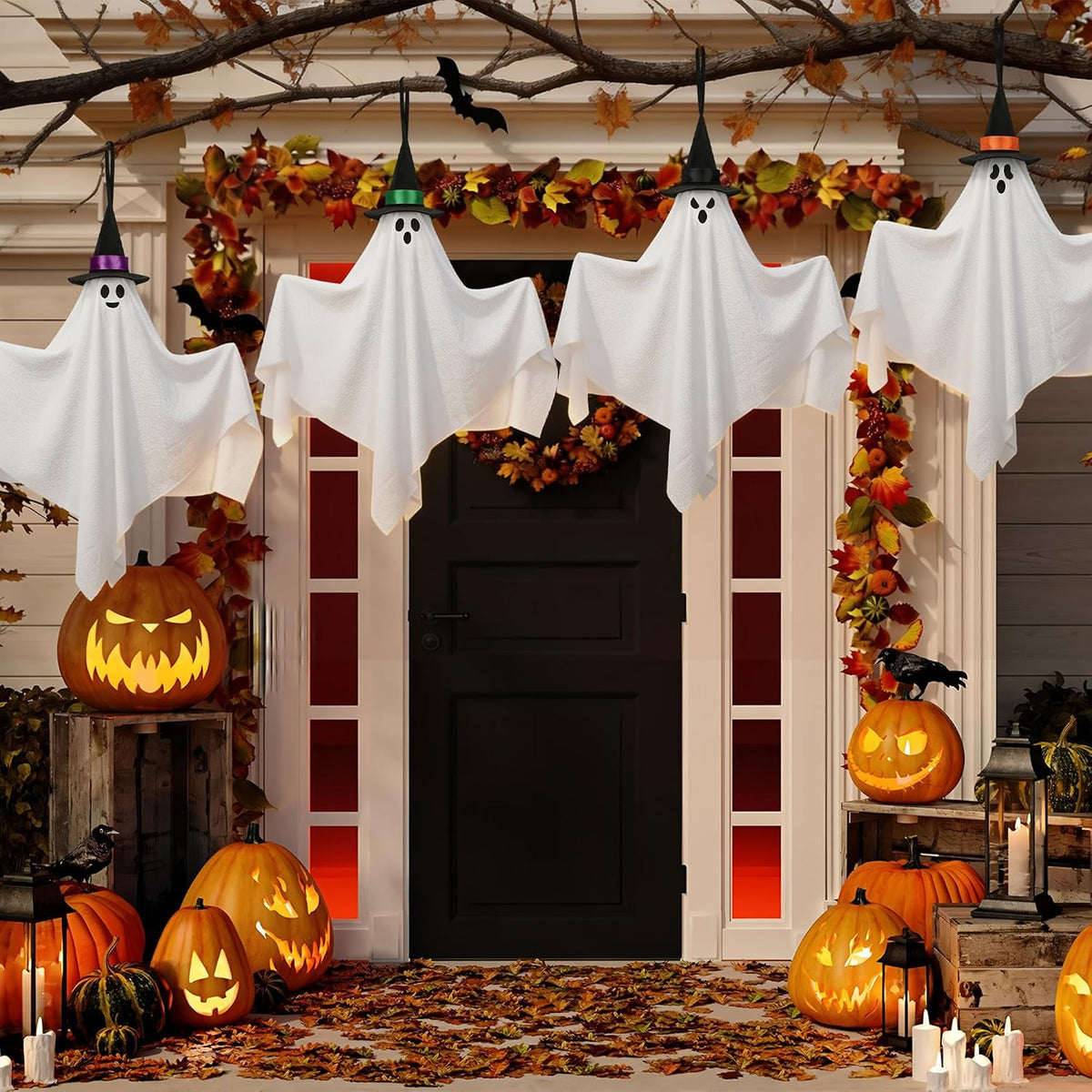 4 Pack Halloween Hanging Ghosts Decorations 31.5" Outdoor Cute Flying Ghost with Witch Hats White Ghosts Hanging Decoration for Halloween Party Holiday Front Yard Porch Patio Lawn Garden Tree Decor