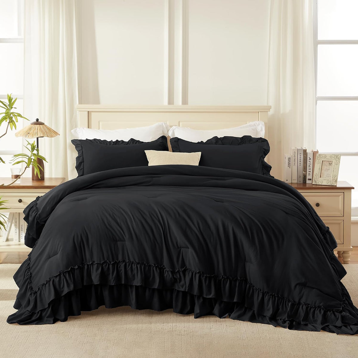Andency Black Ruffle Comforter Set Queen Size, 3 Pieces