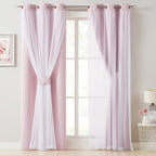 Bujasso Pink Blackout Curtains with Sheer Overlay Mix and Match Double Layer 80% Room Darkening Window Treatment Set for Girls Bedroom Living Room Pink Drapes with Tiebacks Grommet Top 37" Wx84 Lx2