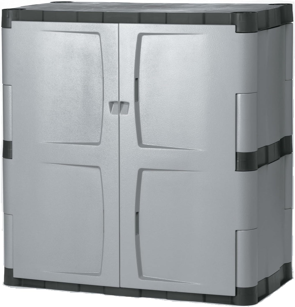 Rubbermaid Freestanding Storage Cabinet with Doors, 18" D x 36" W x 37" H, Medium, Gray/Black, Two-Shelf Lockable Cabinet for Indoor/Outdoor/Garage Storage for Garden Tools/Lawn Care Accessories