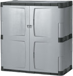 Rubbermaid Freestanding Storage Cabinet with Doors, 18" D x 36" W x 37" H, Medium, Gray/Black, Two-Shelf Lockable Cabinet for Indoor/Outdoor/Garage Storage for Garden Tools/Lawn Care Accessories
