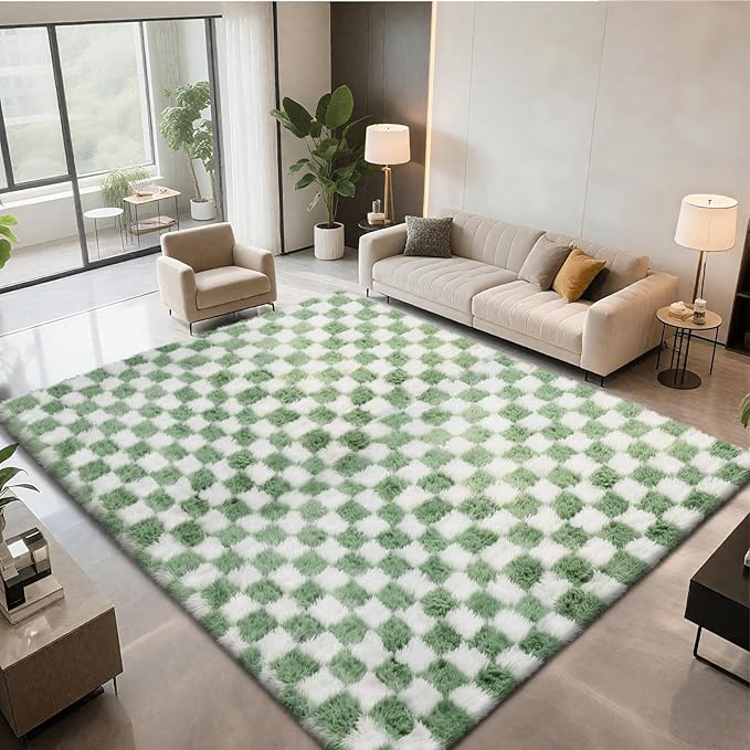 Area Rugs for Bedroom Living Room, 6x9 Green and White Fluffy Soft Checkered by Boshengya