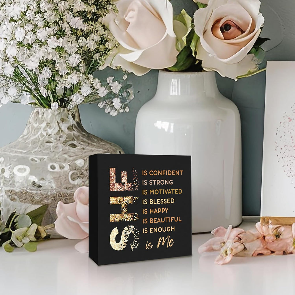 Black Gold She Is Me Wooden Box Sign Desk Decor, Inspirational Decorative Signs Decor for Office Bedroom, Postive Affirmations Home Shelf Desk Decor, Inspirational Desk Decor 5x5 Inch