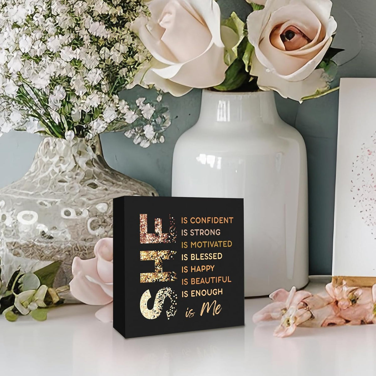 Black Gold She Is Me Wooden Box Sign Desk Decor, Inspirational Decorative Signs Decor for Office Bedroom, Postive Affirmations Home Shelf Desk Decor, Inspirational Desk Decor 5x5 Inch