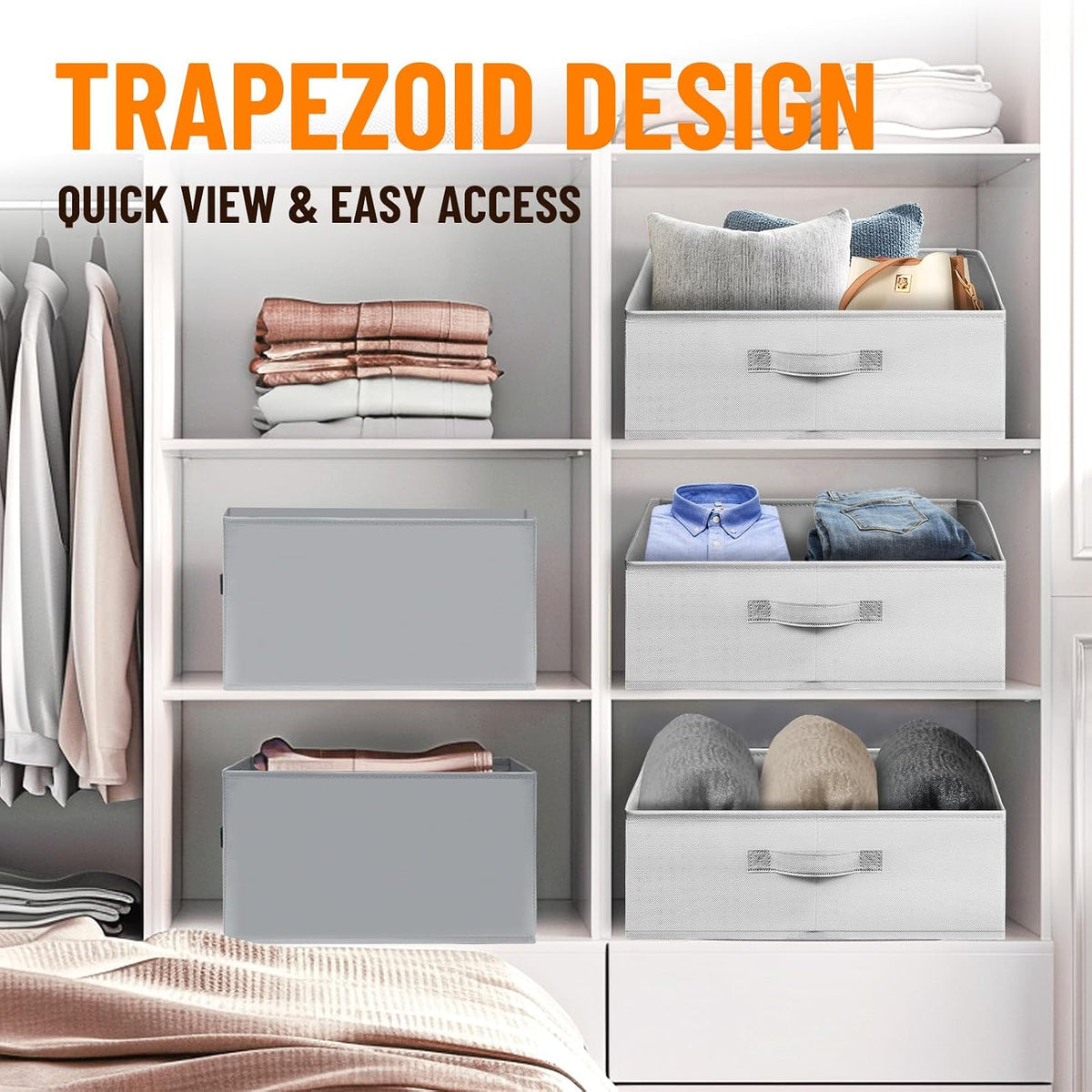 Criusia Closet Organizers Bins 4 Pack - Large Collapsible Shelf Organizer with Handles - Fabric Trapezoid Home Organization and Storage Baskets for Organizing Clothes Toy Blanket Towel Purse Hats