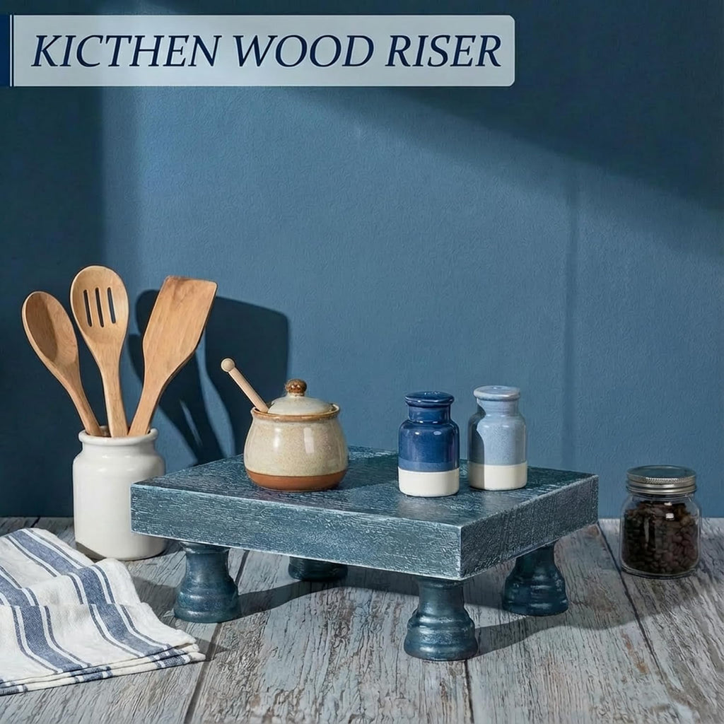 EOSAHR Square Wood Riser Display Stand for Dusty Blue Bathroom Decor, Blue
