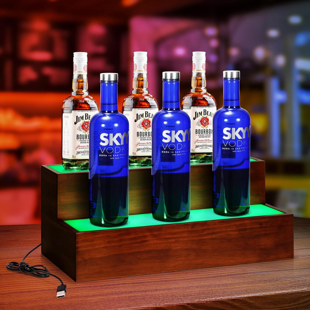 2 Pack LED Liquor Bottle Display Shelf , 2 Tier Real Wood Bar Shelves for Liquor Bottles, Lighted Bar Bottle Display Shelves with Remote, Bottle Organizer for Home Bar, Holds Up to 20 Bottles