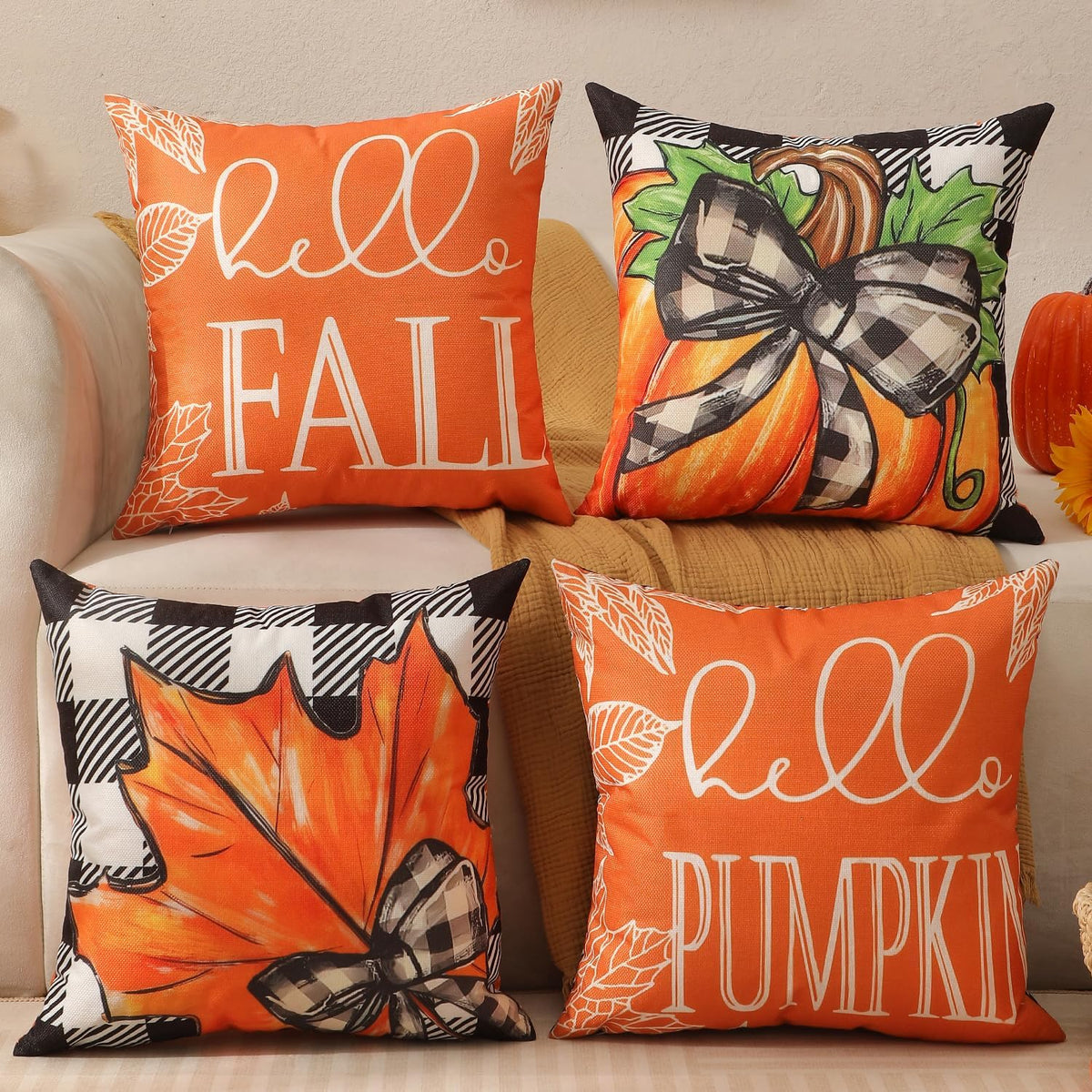 multiwins Fall Pillow Covers Pumpkin Polka Dot 20x20 4Pcs Double-Sided