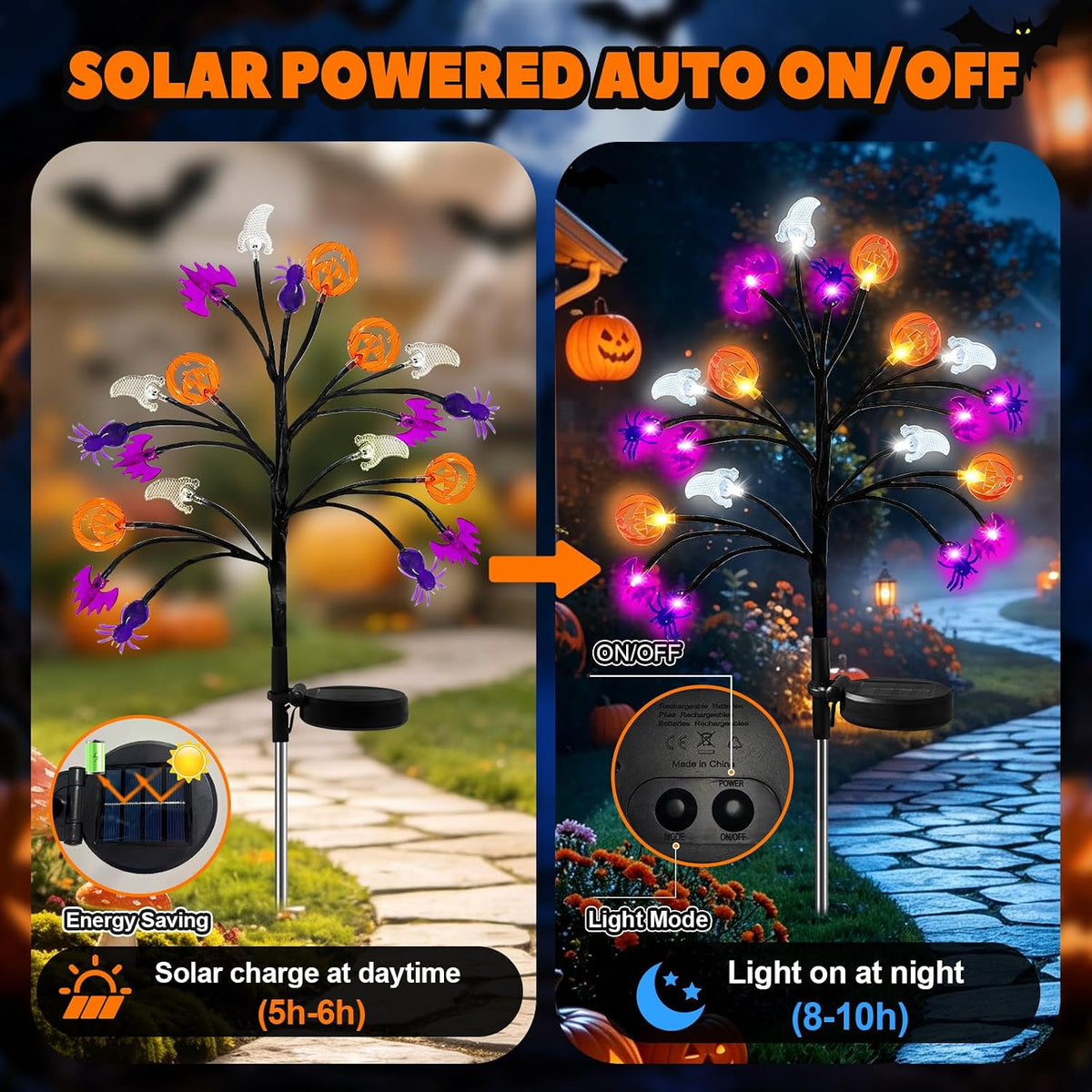 Solar Halloween Lights, 2 Pack IP65 20 LED 8 Modes Auto On/Off, 3D Ghosts Bats Spiders Pumpkins, Cool White Glow, Auto On/Off Sensor, IP65 Rated — Garden, Yard, Patio, Porch, Party Decor