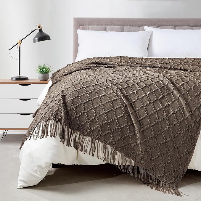 BOURINA Brown Throw Blanket 50 x70 Inches Jacquard Argyle Throw Textured Solid by BOURINA