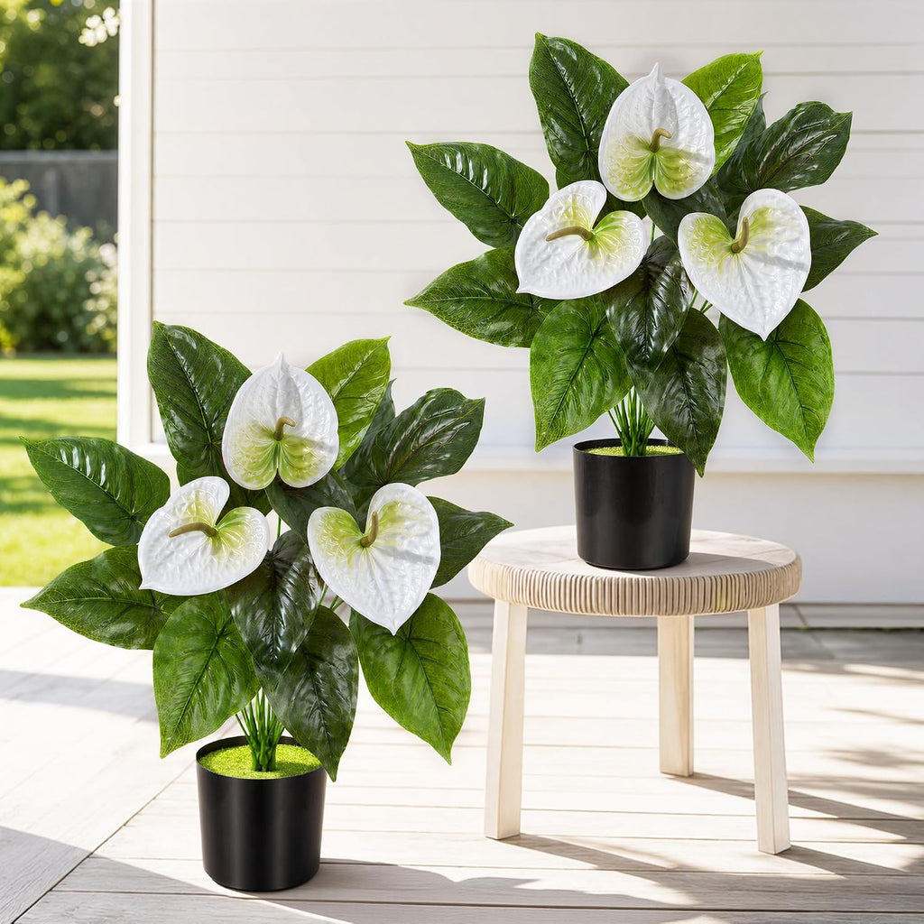 Anthurium Artificial Flowers with Pots, 2 Pack Fake Flowers Potted Faux Outdoor Plants, UV Resistant Realistic Faux Tropical Greenery for Planters Inside Porch Patio Yard (White, 21.6")