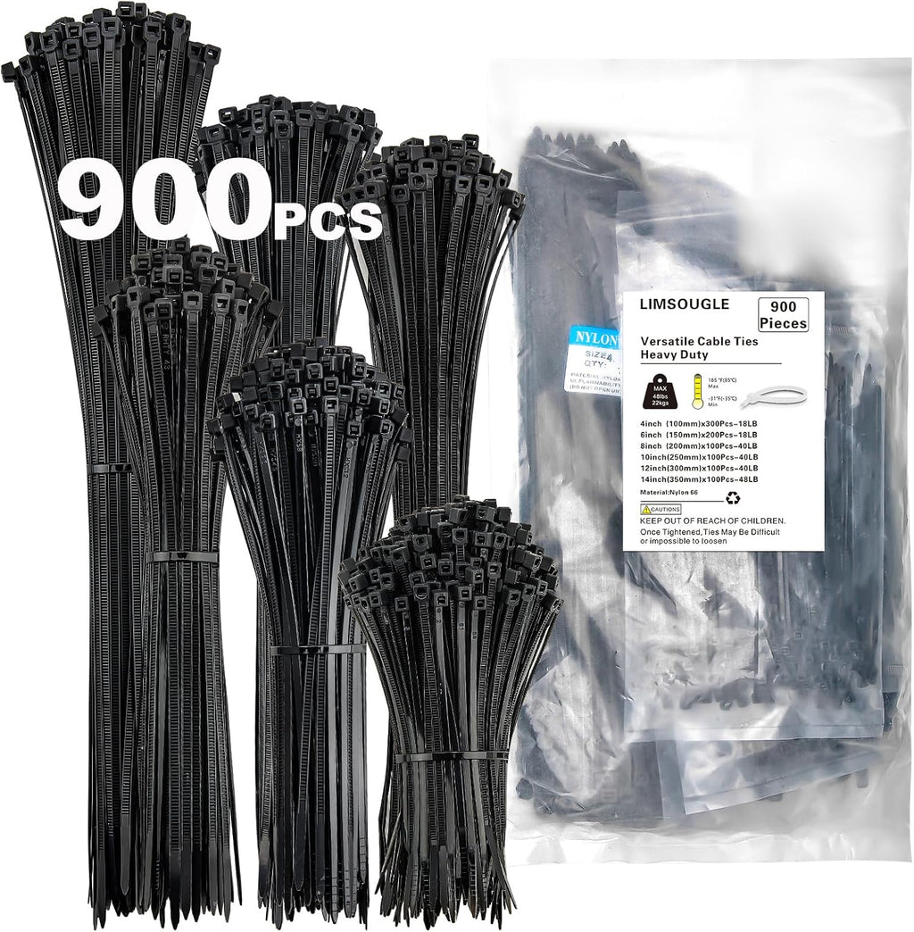 Zip Ties Assorted Sizes(14+12+10+8+6+4 Inch), 900 Pcs Black zip Ties for Home, Office, Garden, Workshop, Multi-Purpose Wire Management Cable Tie Wraps by Limsougle.