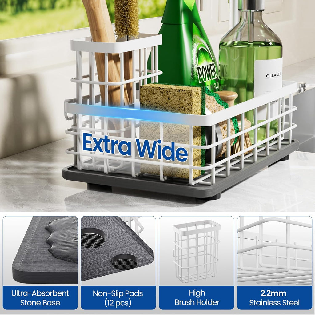 Extra Large Sink Caddy with Drying Stone, Sponge & Brush Holder for Kitchen