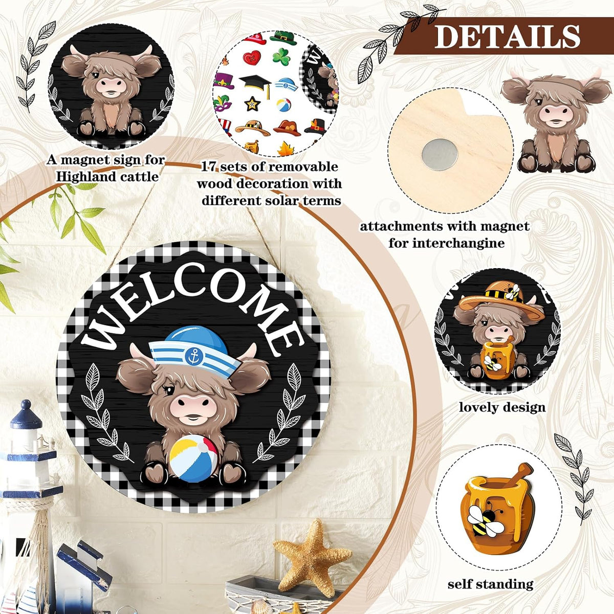 Vicenpal 35 Pcs Fall Interchangeable Highland Cow Welcome Sign, Plaid