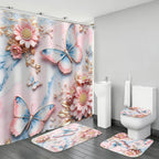 AZHM 4pcs Pink Marble Floral Bathroom Shower Curtain Set with Rugs