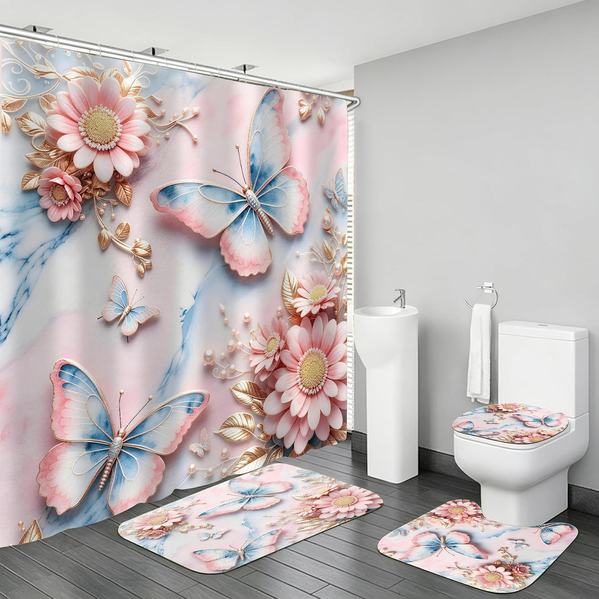 AZHM 4pcs Pink Marble Floral Bathroom Shower Curtain Set with Rugs