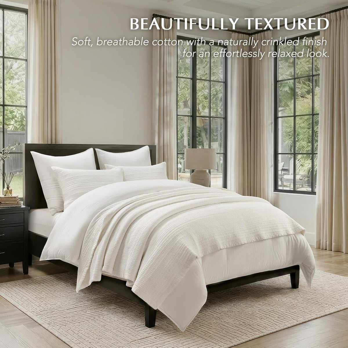 EverGrace Stonewashed Textured Cotton Quilt Set, King Size, Ivory White