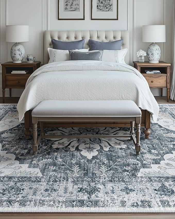 Area Rugs 8'x10' Washable Non-Slip, Floral Vintage Distress Print Pattern - Image 2