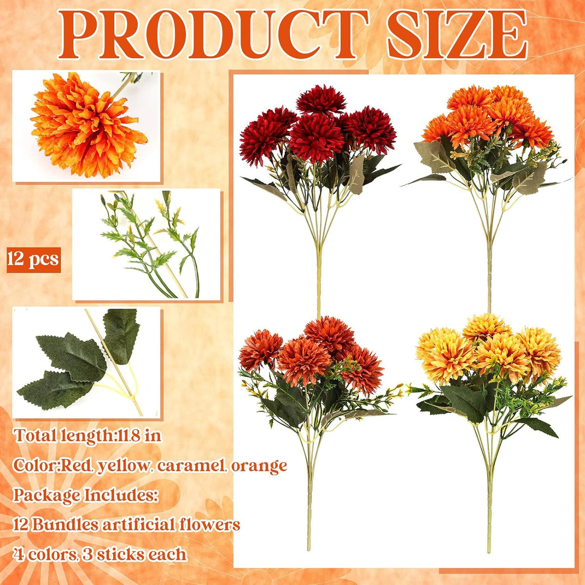 XunYee 12 Pcs Fall Artificial Flowers for Outdoor Faux Mums,Burnt Orange